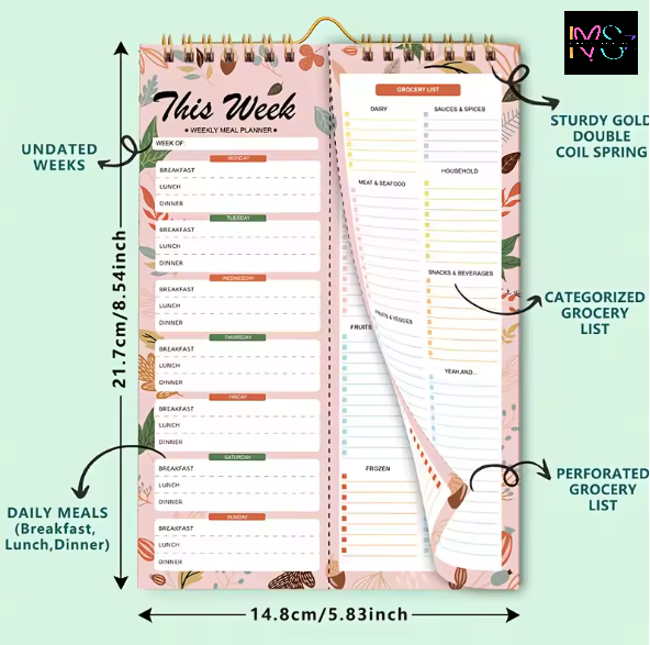 Weekly Planner - Daily Meal Planner with Groceries List (A5)